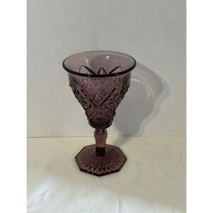 Vintage Amethyst Pressed Glass Goblet 6.5" Floral Diamond Panel Octagon Base